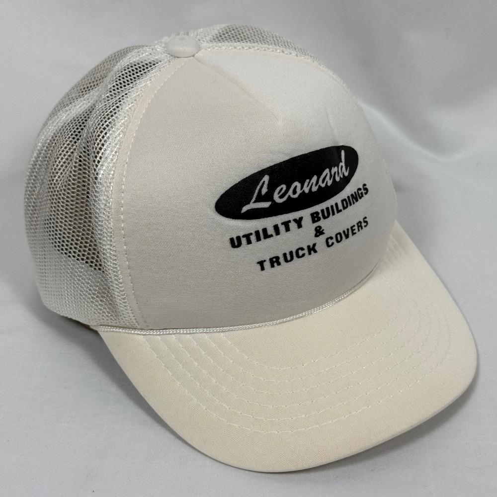 Vintage Leonard Utility Buildings Truck Covers Mesh Back Snapback Cap White OSFA